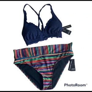 A.N.A Swim Navy Blue Lace Bikini Top, Swim Brief Plus 2X NWT